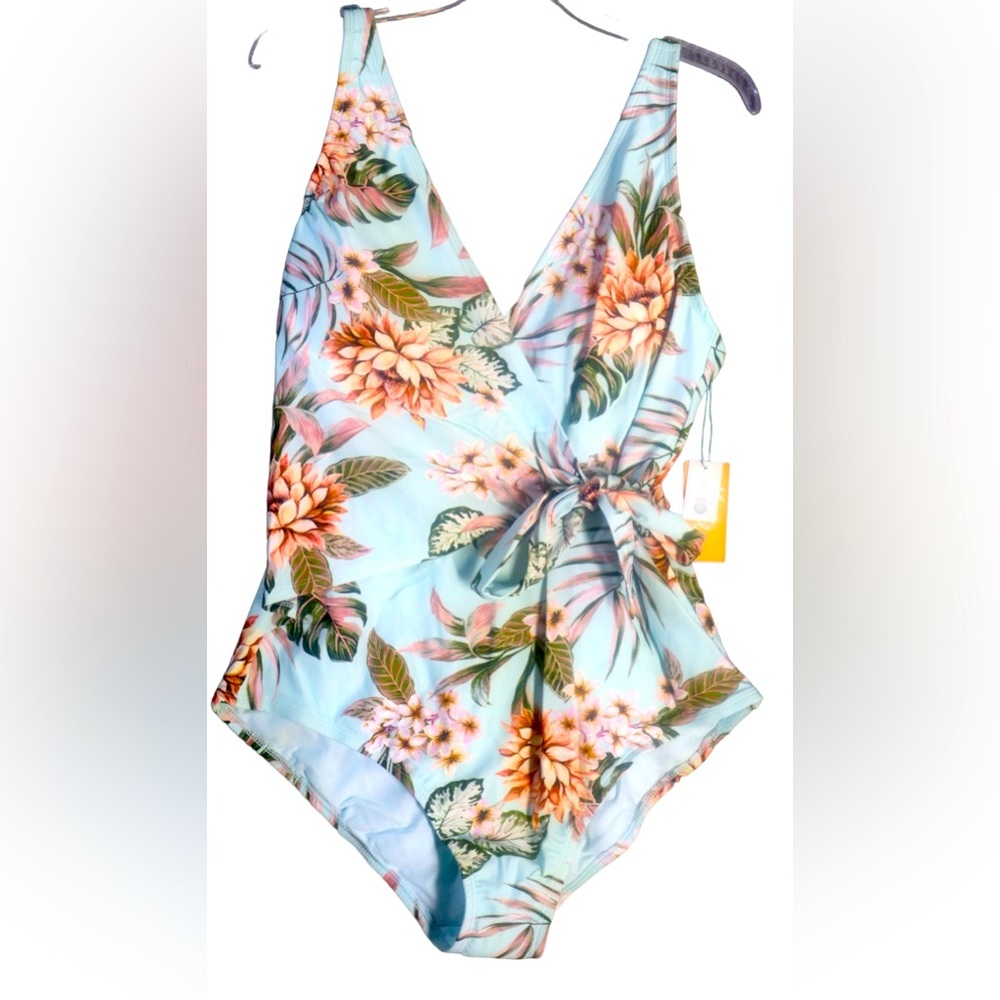 Kona Sol‎ Women’s One Piece Blue Hawaiian Palm Floral Swimsuit Size XL 16-18 NWT